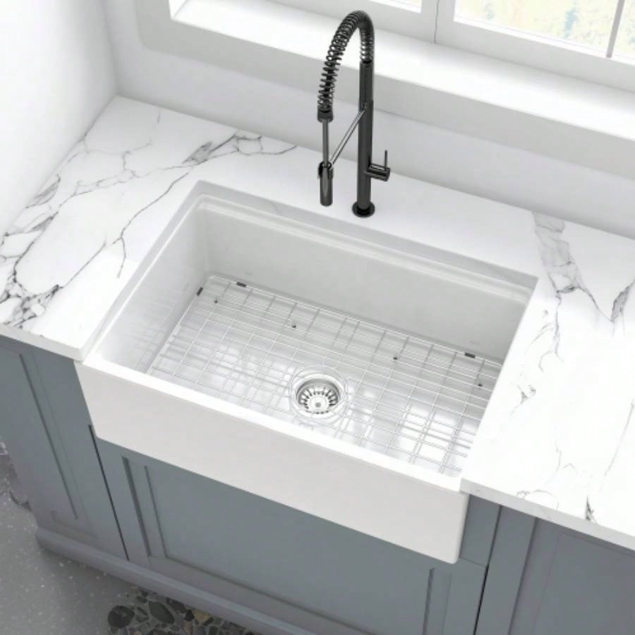30 Inch Fireclay Farmhouse Sink - 30x 20White Workstation Reversible Ceramic Farm Apron Front Kitchen Sink, 10 Inch Deep Single Bowl Porcelain Sink with Ledge and Accessories