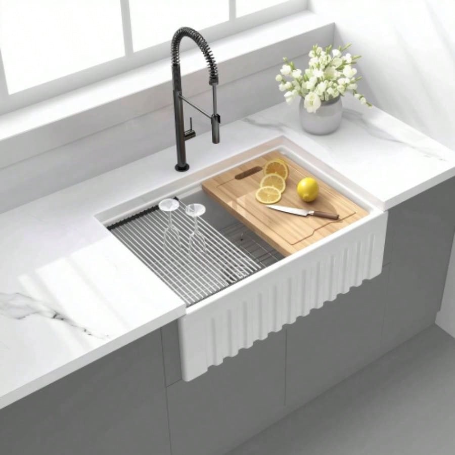 30 Inch Fireclay Farmhouse Sink - 30x 20White Workstation Reversible Ceramic Farm Apron Front Kitchen Sink, 10 Inch Deep Single Bowl Porcelain Sink with Ledge and Accessories