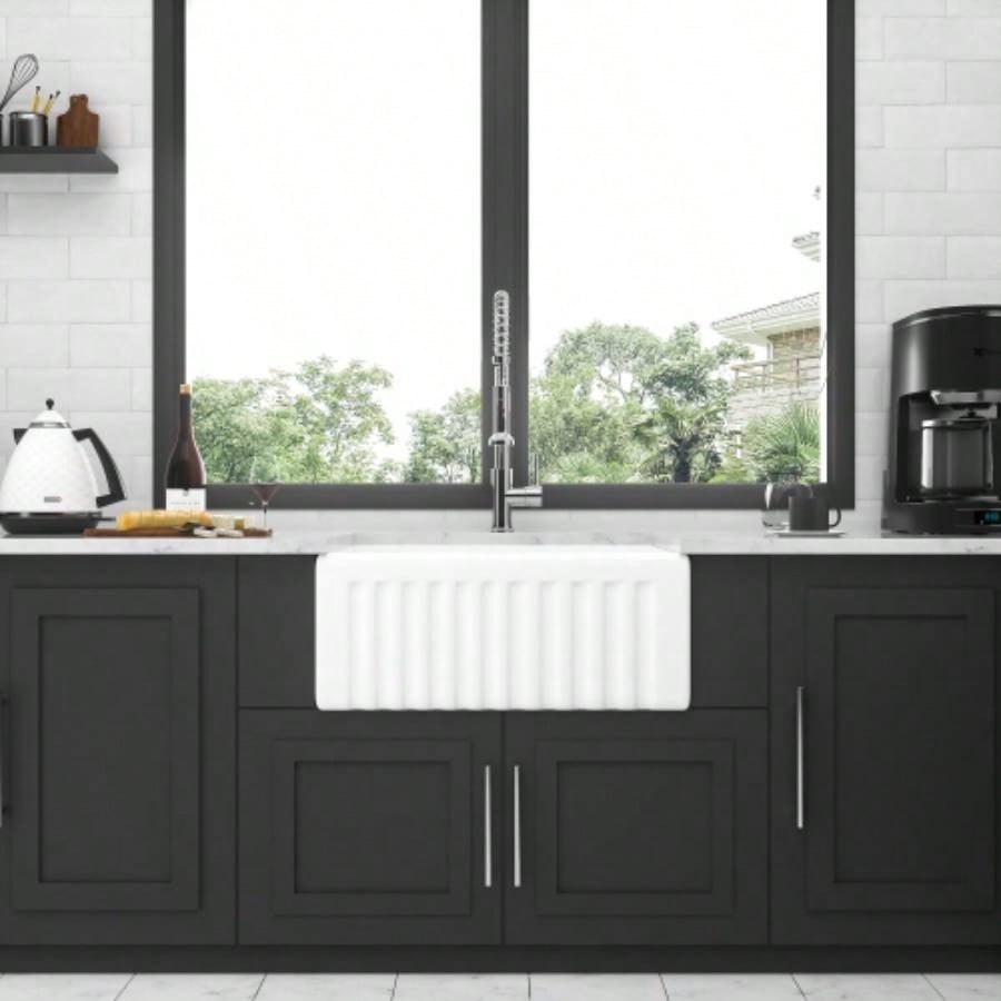 Small Farmhouse Sink - 24 inch Kitchen Sink White Apron - Front Ceramic Single Bowl Small Reversible Farm Sink Laundry Room Sink