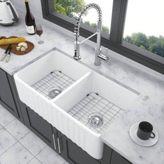 White Farmhouse Sink - 33 Inch Kitchen Sink Apron Front Double Bowl 50/50 White Ceramic Kitchen Farm Sink