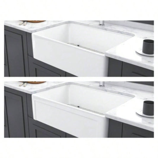 White Farmhouse Sink - 30 inch Kitchen Sink Apron - front White Ceramic Reversible Single Bowl Kitchen Farm Sinks