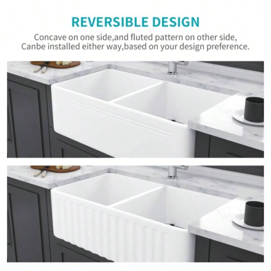 White Farmhouse Sink - 33 Inch Kitchen Sink Apron Front Double Bowl 50/50 White Ceramic Kitchen Farm Sink