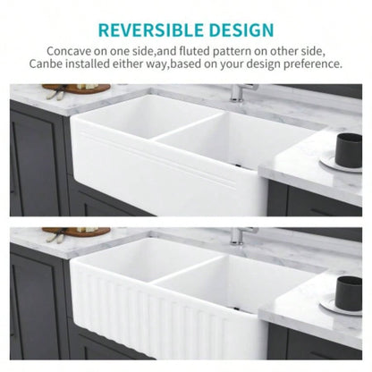 White Farmhouse Sink - 33 Inch Kitchen Sink Apron Front Double Bowl 50/50 White Ceramic Kitchen Farm Sink
