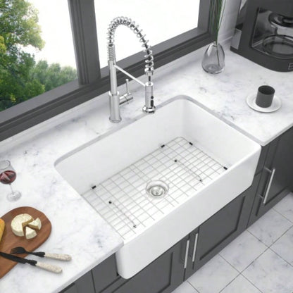 White Farmhouse Sink - 30 inch Kitchen Sink Apron - front White Ceramic Reversible Single Bowl Kitchen Farm Sinks