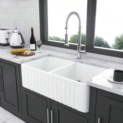 White Farmhouse Sink - 33 Inch Kitchen Sink Apron Front Double Bowl 50/50 White Ceramic Kitchen Farm Sink