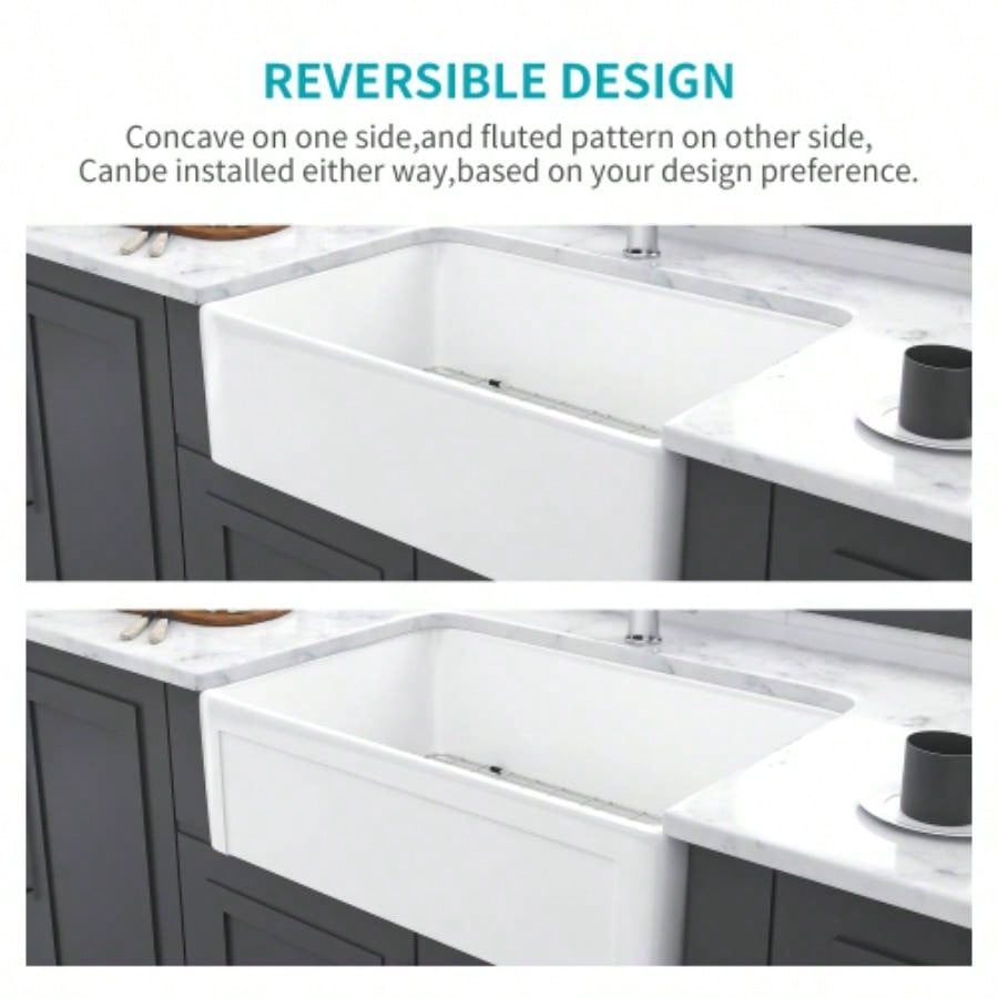 White Farmhouse Sink - 30 inch Kitchen Sink Apron - front White Ceramic Reversible Single Bowl Kitchen Farm Sinks