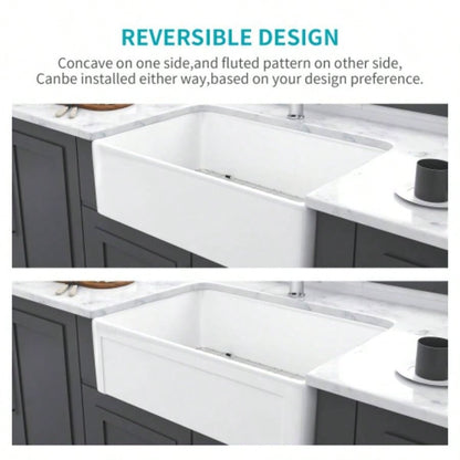 White Farmhouse Sink - 30 inch Kitchen Sink Apron - front White Ceramic Reversible Single Bowl Kitchen Farm Sinks