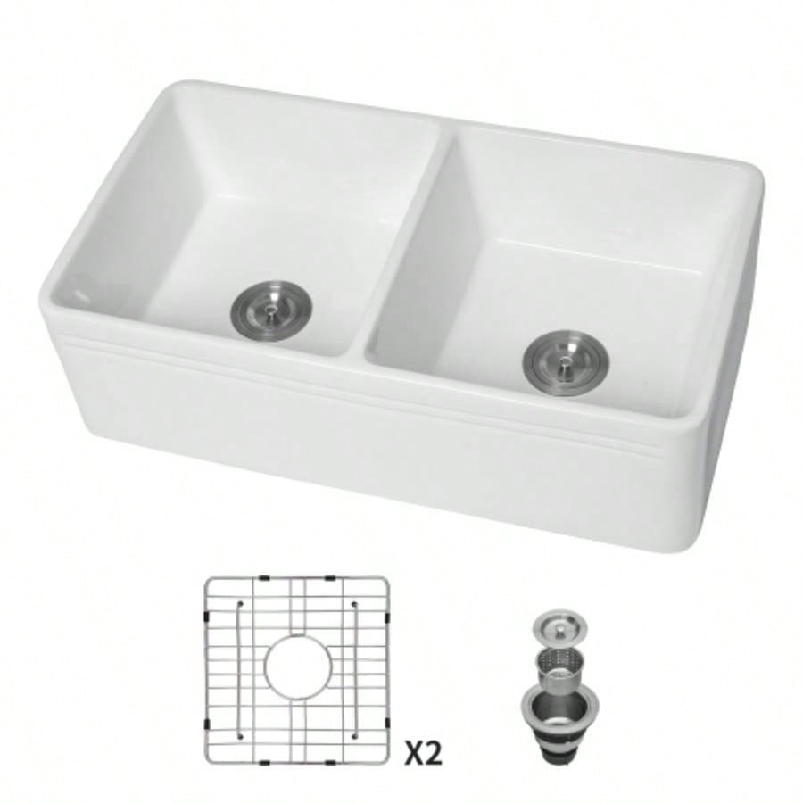 White Farmhouse Sink - 33 Inch Kitchen Sink Apron Front Double Bowl 50/50 White Ceramic Kitchen Farm Sink