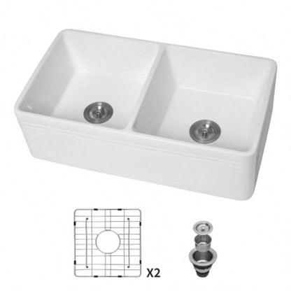 White Farmhouse Sink - 33 Inch Kitchen Sink Apron Front Double Bowl 50/50 White Ceramic Kitchen Farm Sink