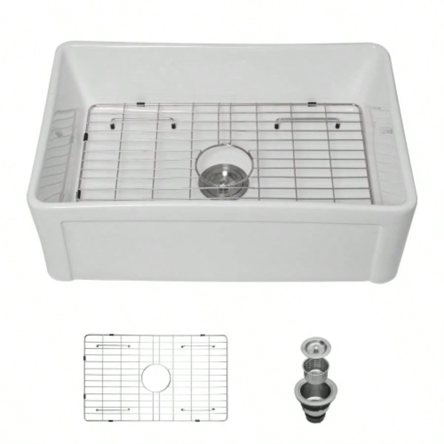 White Farmhouse Sink - 30 inch Kitchen Sink Apron - front White Ceramic Reversible Single Bowl Kitchen Farm Sinks