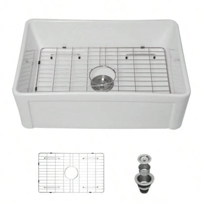 White Farmhouse Sink - 30 inch Kitchen Sink Apron - front White Ceramic Reversible Single Bowl Kitchen Farm Sinks