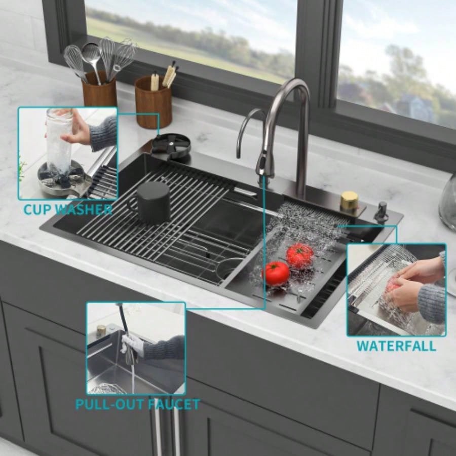 Gunmetal Black Drop in Waterfall Kitchen Sink - 33*22 inch Single Bowl 16 Gauge Stainless Steel Ledge Workstation Kitchen Sinks with Pull - Out Faucet Cup Washer