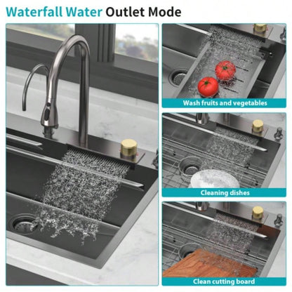 Gunmetal Black Drop in Waterfall Kitchen Sink - 33*22 inch Single Bowl 16 Gauge Stainless Steel Ledge Workstation Kitchen Sinks with Pull - Out Faucet Cup Washer