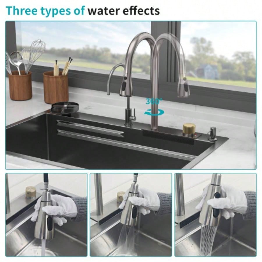 Gunmetal Black Drop in Waterfall Kitchen Sink - 33*22 inch Single Bowl 16 Gauge Stainless Steel Ledge Workstation Kitchen Sinks with Pull - Out Faucet Cup Washer