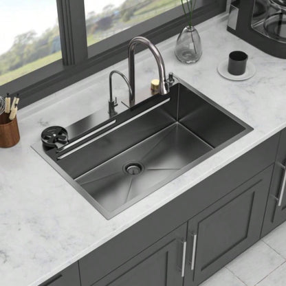 Gunmetal Black Drop in Waterfall Kitchen Sink - 33*22 inch Single Bowl 16 Gauge Stainless Steel Ledge Workstation Kitchen Sinks with Pull - Out Faucet Cup Washer