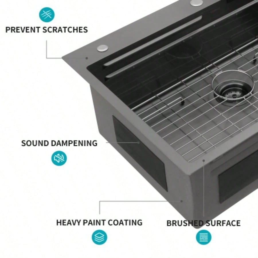 Gunmetal Black Drop in Waterfall Kitchen Sink - 33*22 inch Single Bowl 16 Gauge Stainless Steel Ledge Workstation Kitchen Sinks with Pull - Out Faucet Cup Washer