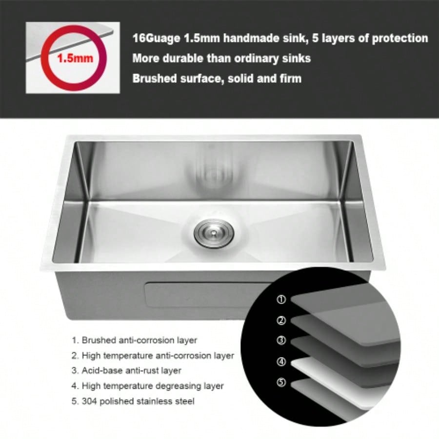 33 Inch Undermount Sink - 33x 19x 9 Undermount Stainless Steel Kitchen Sink 16 Gauge 9 Inch Deep Single Bowl Kitchen Sink Basin, Includes Drain Assembly No Additional Accessories