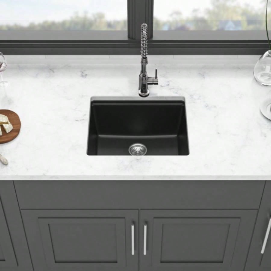 Quartz Kitchen Sink - 21x18 Black granite composite Workstation undermount kitchen sink