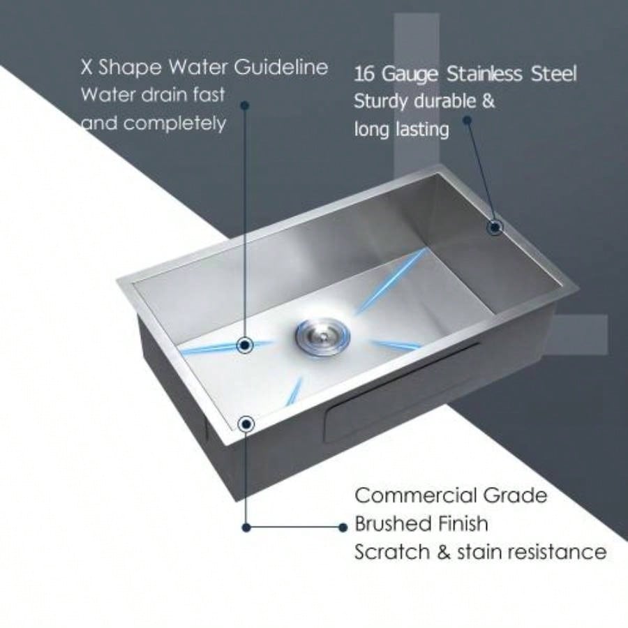 33 Inch Undermount Sink - 33x 19x 9 Undermount Stainless Steel Kitchen Sink 16 Gauge 9 Inch Deep Single Bowl Kitchen Sink Basin, Includes Drain Assembly No Additional Accessories