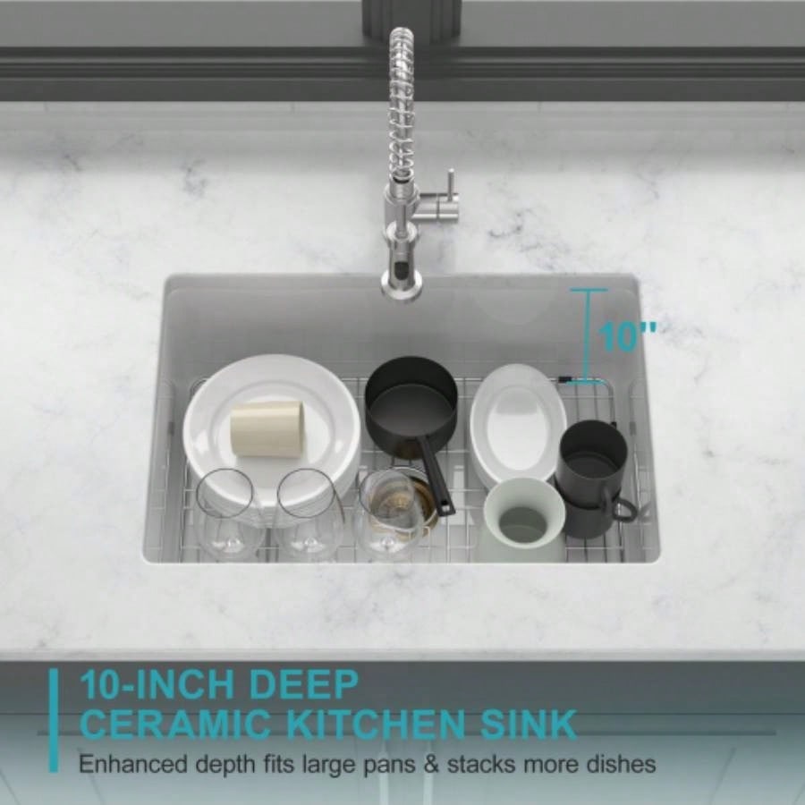 27 Undermount Single Bowl Ceramic Kitchen Sink - Dual Mount White Ceramic Rectangular Deep Single Bowl Sink Basin