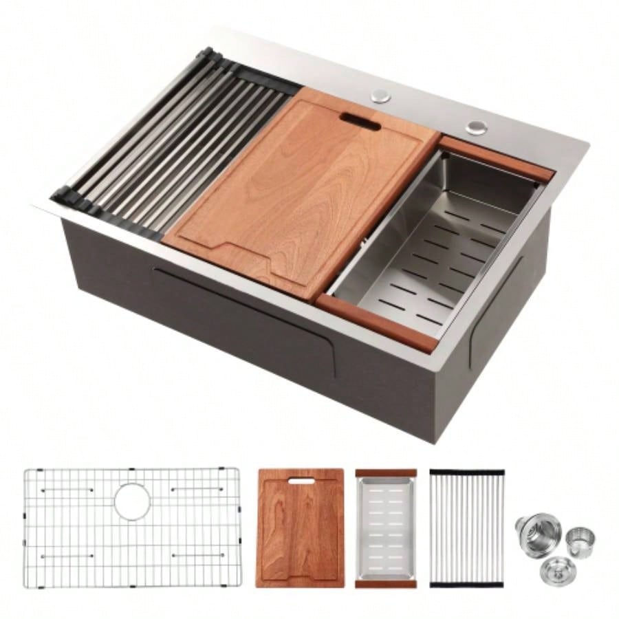 33 Drop in Kitchen Sink - 33*22 inch Kitchen Sink Drop - in Topmount Single Bowl 16 Gauge Stainless Steel Ledge Workstation Kitchen Sinks