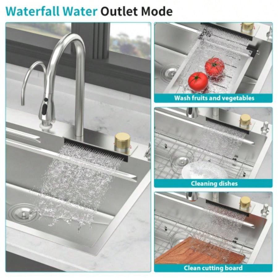 33 Drop in Waterfall Kitchen Sink - 33*22 inch Single Bowl 16 Gauge Stainless Steel Ledge Workstation Kitchen Sinks with Pull - Out Faucet Cup Washer