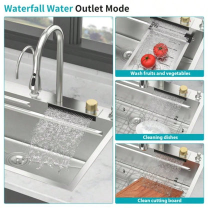 33 Drop in Waterfall Kitchen Sink - 33*22 inch Single Bowl 16 Gauge Stainless Steel Ledge Workstation Kitchen Sinks with Pull - Out Faucet Cup Washer