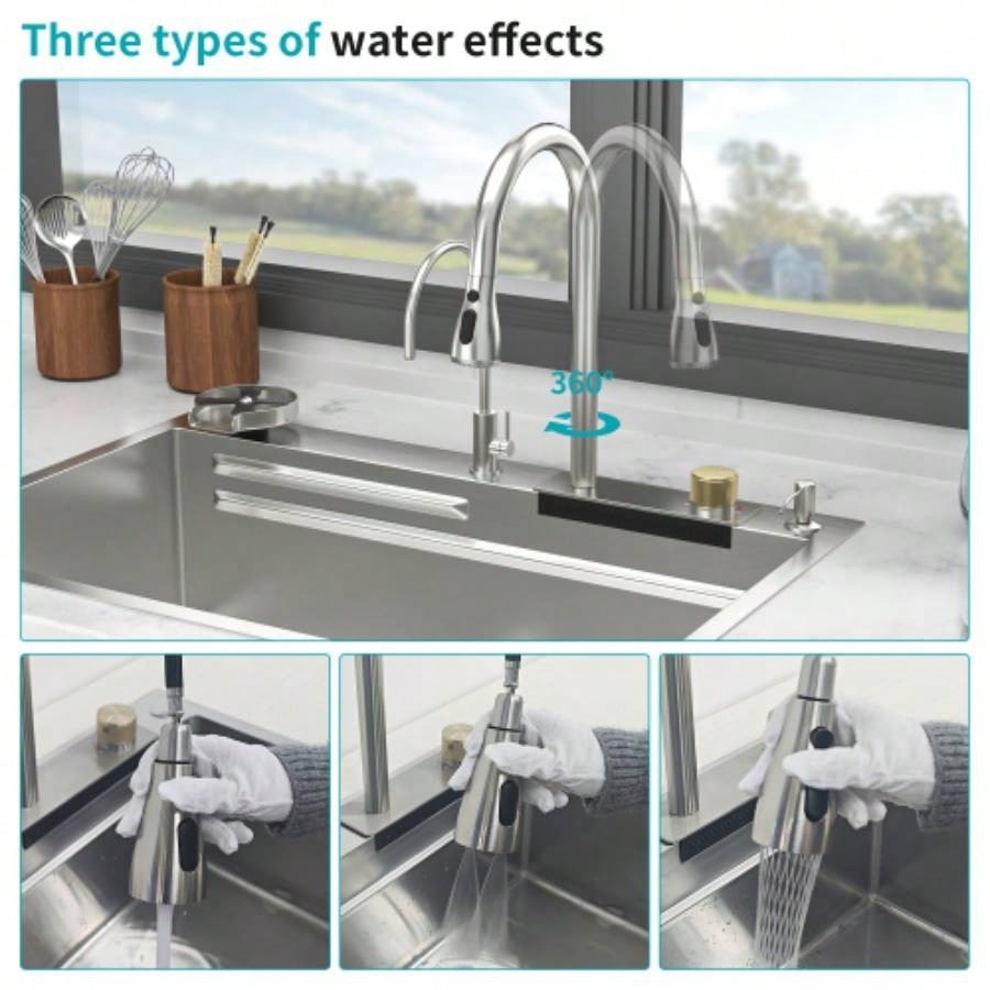 33 Drop in Waterfall Kitchen Sink - 33*22 inch Single Bowl 16 Gauge Stainless Steel Ledge Workstation Kitchen Sinks with Pull - Out Faucet Cup Washer