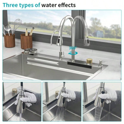 33 Drop in Waterfall Kitchen Sink - 33*22 inch Single Bowl 16 Gauge Stainless Steel Ledge Workstation Kitchen Sinks with Pull - Out Faucet Cup Washer