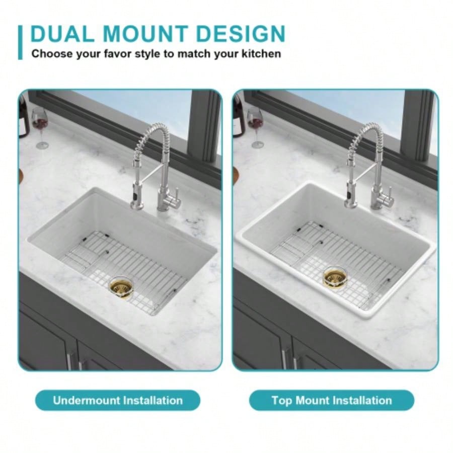 27 Undermount Single Bowl Ceramic Kitchen Sink - Dual Mount White Ceramic Rectangular Deep Single Bowl Sink Basin