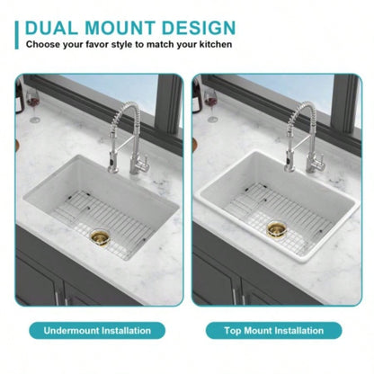 27 Undermount Single Bowl Ceramic Kitchen Sink - Dual Mount White Ceramic Rectangular Deep Single Bowl Sink Basin