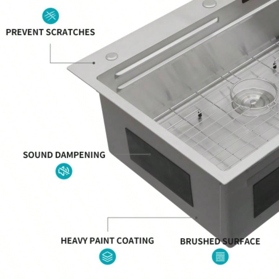 33 Drop in Waterfall Kitchen Sink - 33*22 inch Single Bowl 16 Gauge Stainless Steel Ledge Workstation Kitchen Sinks with Pull - Out Faucet Cup Washer