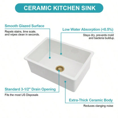 27 Undermount Single Bowl Ceramic Kitchen Sink - Dual Mount White Ceramic Rectangular Deep Single Bowl Sink Basin