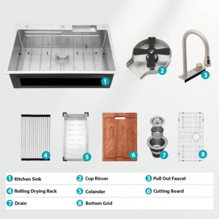 33 Drop in Waterfall Kitchen Sink - 33*22 inch Single Bowl 16 Gauge Stainless Steel Ledge Workstation Kitchen Sinks with Pull - Out Faucet Cup Washer