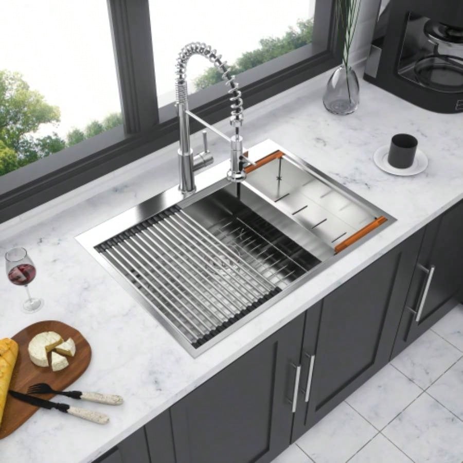 33 Drop in Kitchen Sink - 33*22 inch Kitchen Sink Drop - in Topmount Single Bowl 16 Gauge Stainless Steel Ledge Workstation Kitchen Sinks