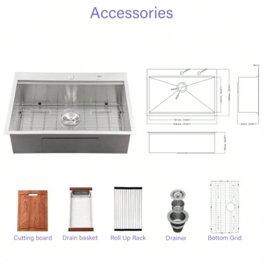 33 Drop in Kitchen Sink - 33*22 inch Kitchen Sink Drop - in Topmount Single Bowl 16 Gauge Stainless Steel Ledge Workstation Kitchen Sinks