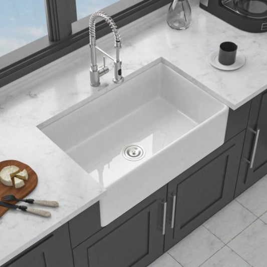 White Kitchen Sink - 33 inch White Porcelain Ceramic Single Bowl Reversible Design Kitchen Sink