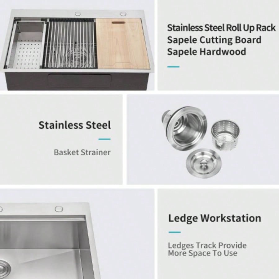 33 Drop In Kitchen Sink - 33X22 Stainless Steel Drop In Sink Ledge Workstation Topmount Kitchen Sink Single Bowl, 16 Gauge
