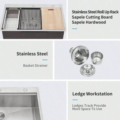 33 Drop In Kitchen Sink - 33X22 Stainless Steel Drop In Sink Ledge Workstation Topmount Kitchen Sink Single Bowl, 16 Gauge