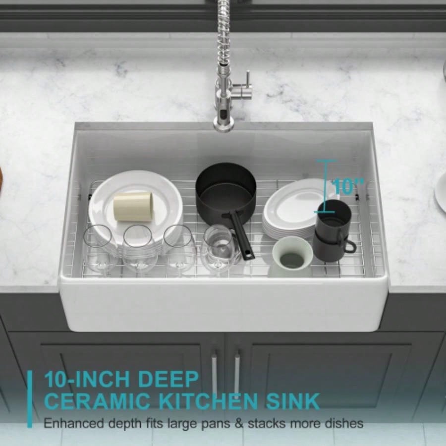 White Kitchen Sink - 33 inch White Porcelain Ceramic Single Bowl Reversible Design Kitchen Sink
