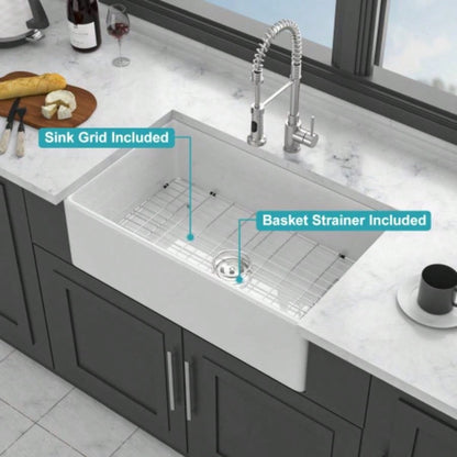 White Kitchen Sink - 33 inch White Porcelain Ceramic Single Bowl Reversible Design Kitchen Sink