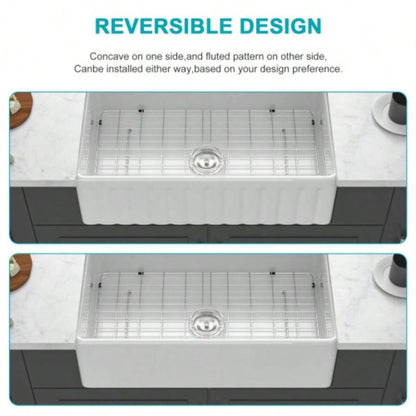 White Kitchen Sink - 33 inch White Porcelain Ceramic Single Bowl Reversible Design Kitchen Sink
