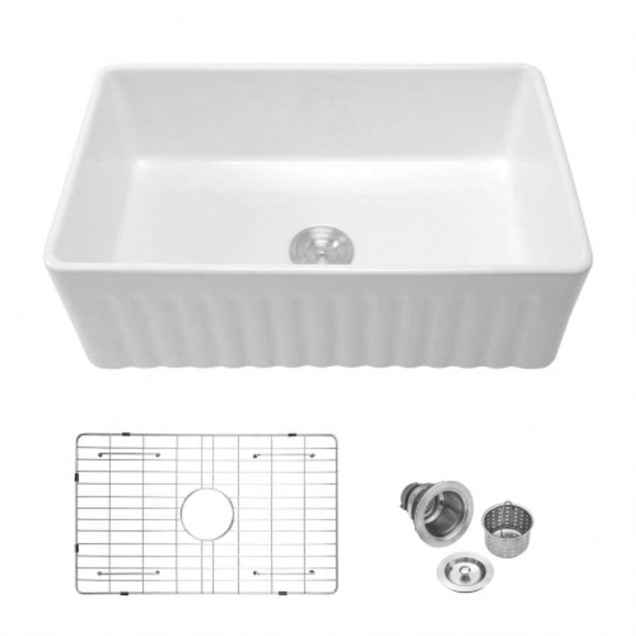 White Kitchen Sink - 33 inch White Porcelain Ceramic Single Bowl Reversible Design Kitchen Sink