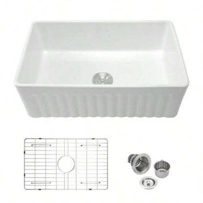 White Kitchen Sink - 33 inch White Porcelain Ceramic Single Bowl Reversible Design Kitchen Sink