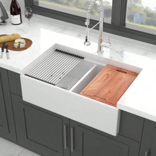 White Farmhouse Sink Workstation - 33 inch White Ceramic Double Bowl Farm Kitchen Sink