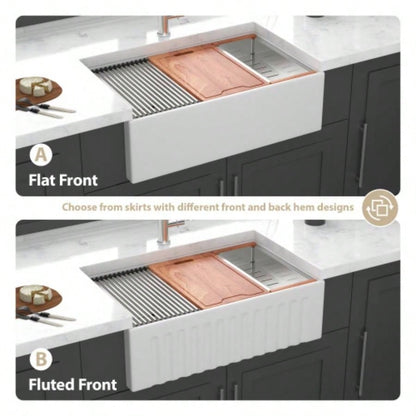 White Farmhouse Sink Workstation - 33 inch White Ceramic Double Bowl Farm Kitchen Sink
