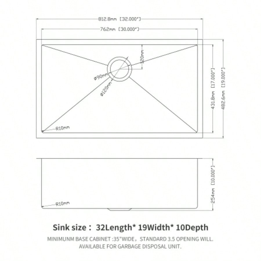 Undermount Kitchen Sink - 32x19 Stainless Steel 16 Gauge Deep Single Bowl Sinks