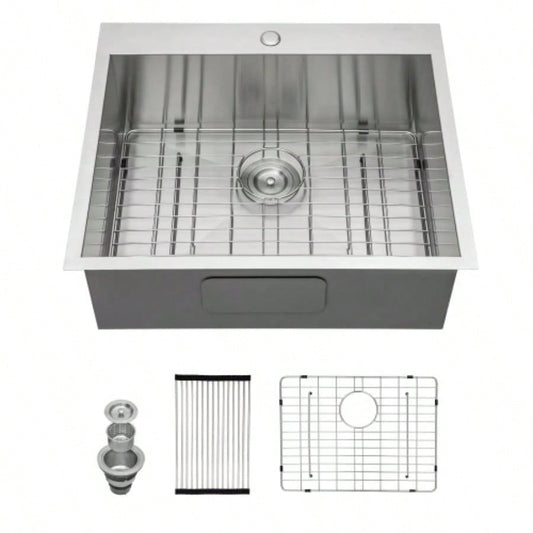 25x22x12 Stainless Steel Laundry Utility Sink Drop In Topmount Deep Single Bowl Kitchen Sink Basin