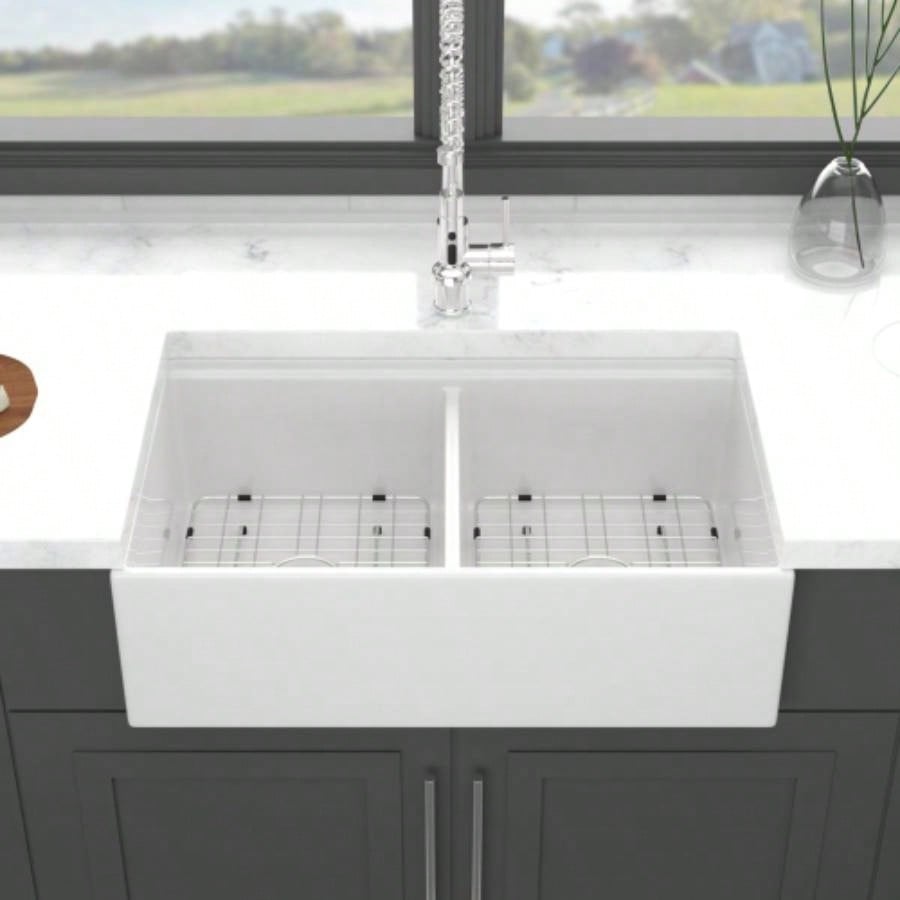 White Farmhouse Sink Workstation - 33 inch White Ceramic Double Bowl Farm Kitchen Sink
