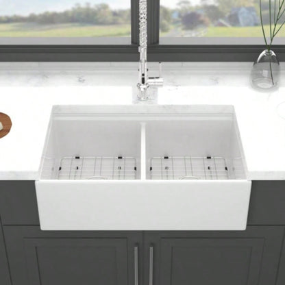 White Farmhouse Sink Workstation - 33 inch White Ceramic Double Bowl Farm Kitchen Sink